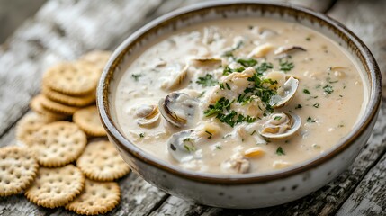 A creamy bowl of clam chowder garnished with parsley, accompanied by a stack of crunchy crackers on a rustic wooden table.