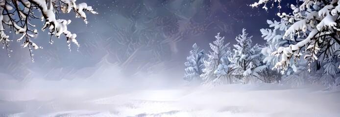 Poster - A serene winter landscape features snow-covered trees and a misty, hazy sky, creating a tranquil and ethereal atmosphere