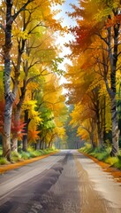 Poster - A winding road through a forest of autumn trees, with vibrant yellow, orange, and red foliage creating a colorful canopy overhead