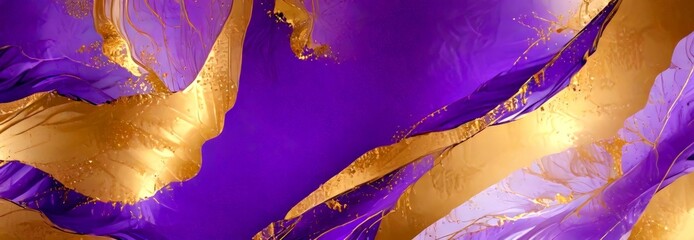 Poster - a vibrant abstract composition with a gradient of purple and gold The central focus is a large, curved gold line that extends diagonally across the , creating a sense