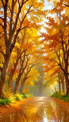 Poster - A serene autumnal scene unfolds on a winding path, flanked by trees adorned with vibrant orange and yellow leaves, casting a warm glow on the surrounding grass and water