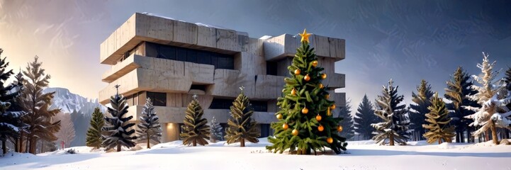 Aufkleber - A modern concrete building with a unique architectural design stands amidst a snowy landscape, with a large Christmas tree adorned with orange ornaments in the foreground