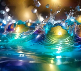 Aufkleber - a close-up view vibrant, colorful splash of water, with the water's surface reflecting a spectrum of hues including blue, green, purple, and yellow The water appears to