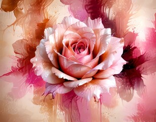 Aufkleber - A digital painting pink rose with a pink and purple background