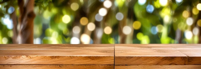 Poster - A wooden table with a natural finish sits in the foreground, its surface reflecting the soft, blurred light lush, green garden in the background