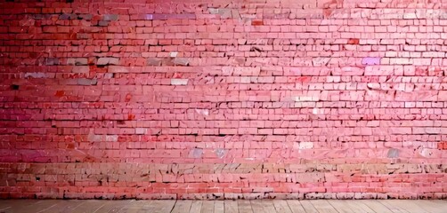 Fototapete - A pink brick wall with a wooden floor in the foreground