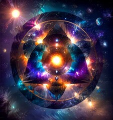 Aufkleber - a digital artwork featuring a vibrant, abstract design with a central, fiery orb surrounded by a circular pattern of swirling, multicolored shapes and
