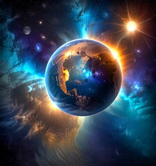 Aufkleber - The Earth, a blue sphere with a golden glow, is the central focus of the , surrounded by a cosmic backdrop of stars, nebulae, and a radiant sun