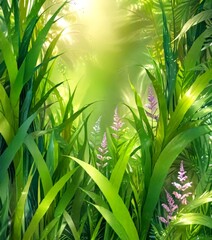 Poster - a lush, verdant jungle scene with towering palm trees and vibrant green foliage, interspersed with delicate purple flowers The sunlight filters through the leaves, casting a