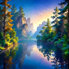 Aufkleber - a serene landscape with a calm lake reflecting the surrounding mountains and trees, bathed in the warm glow setting sun