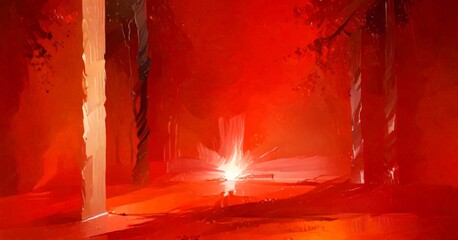 Aufkleber - a digital painting depicting a forest scene with a bright, glowing light at the center, surrounded by tall trees with red and orange hues