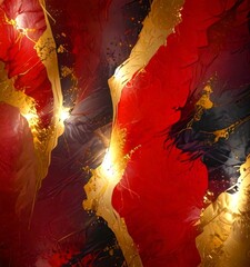 Poster - an abstract digital artwork featuring a striking contrast of red, gold, and black colors, with splashes of gold and red creating a dynamic and textured composition