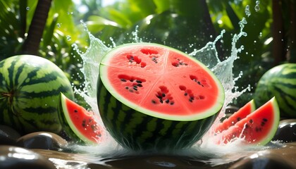 Wall Mural - Vibrant watermelon splashing into crystal-clear water, revealing juicy red interior and dynamic ripples