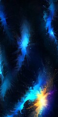 Poster - a digital artwork featuring a vibrant, abstract representation starry night sky The central focus is a large, fiery burst of light, surrounded by smaller