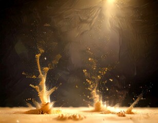 Poster - a dramatic scene of sand particles being forcefully displaced, creating a dynamic and visually striking effect The background is dark, providing a stark contrast that