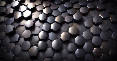 Poster - A close-up view dark, textured surface composed of numerous small, hexagonal shapes in varying shades of black, creating a visually striking pattern