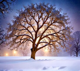 Poster - A snow-covered tree with bare branches stands in a snowy field, illuminated by the warm glow of street lamps in the distance