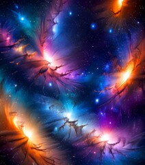 Poster - a digital artwork depicting a vibrant cosmic scene with swirling nebulae, stars, and cosmic radiation