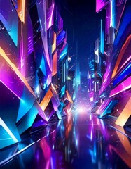 Poster - a futuristic cityscape with a reflective, neon-lit road leading into the distance The city is composed of geometric shapes in a variety of vibrant