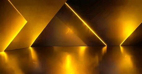 Leinwandbilder - a dark room with a geometric pattern of intersecting lines and triangles, creating a sense of depth and movement The lines and triangles are illuminated with a warm yellow