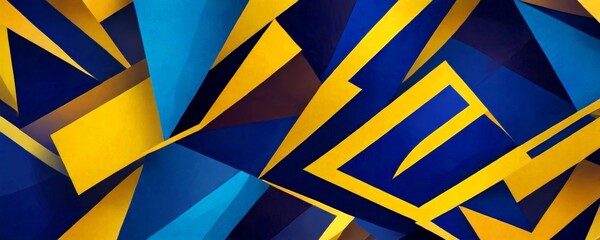 Poster - a geometric pattern composed of intersecting lines and triangles in various shades of blue, yellow, and brown, creating a visually striking and abstract design