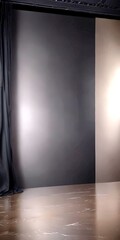Poster - A dark, empty room with a black curtain on the left and a light-colored wall on the right, creating a minimalist and monochromatic aesthetic