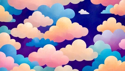 Poster - A whimsical illustration sky filled with fluffy, pastel-colored clouds in various shades of blue, pink, and purple