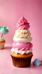 Poster - A stack of four cupcakes with pink and white frosting sits on a pink background, accompanied by a blue flower and a green rose