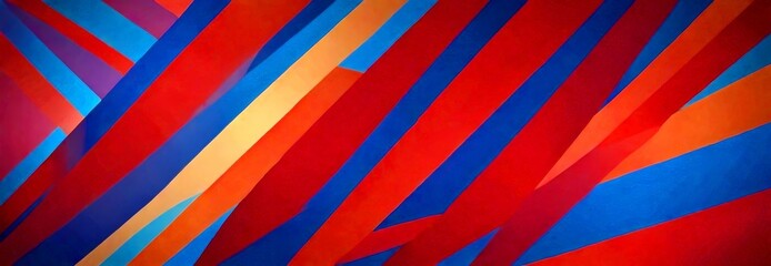 Poster - a vibrant abstract composition of intersecting diagonal lines in various shades of red, blue, and yellow, creating a dynamic and visually striking pattern