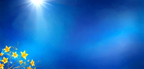 Poster - A vibrant blue sky with a radiant sun shining brightly, casting a warm glow on the scene In the bottom left corner, yellow flowers with green leaves are visible, adding a