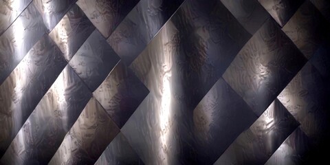 Poster - a close-up view dark, metallic surface with a repeating pattern of diamond-shaped panels The panels have a reflective, metallic sheen, and taken from a