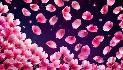 Aufkleber - a cluster of pink cherry blossoms in full bloom, with petals floating and falling against a dark purple background