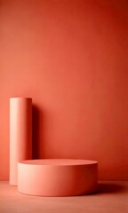 Poster - A minimalist featuring a round podium with a cylindrical column on the left, set against a peach-colored wall