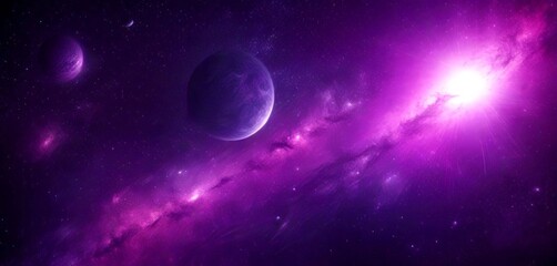 Aufkleber - a cosmic scene with two planets, one large and one smaller, set against a backdrop vibrant purple and pink nebula The larger planet is positioned in the top left