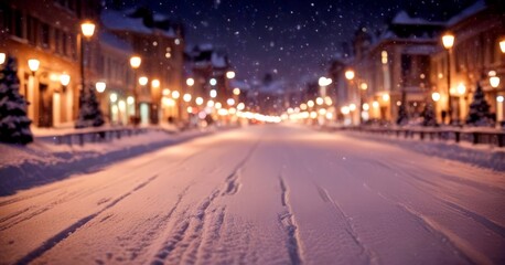 Poster - A snowy city street at night, with street lights illuminating the snow-covered road and buildings in the background