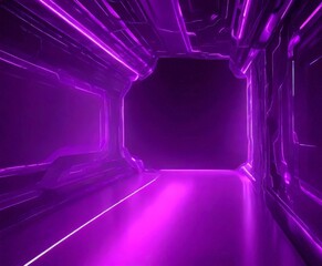 Fototapete - A futuristic corridor with a purple glow, featuring a large open space at the end and a series of curved walls on either side