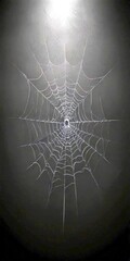 Poster - A spider web glistens in the dark, its intricate pattern of thin lines and strands creating a mesmerizing visual effect