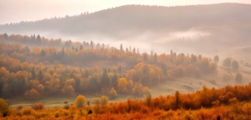 Poster - A misty landscape with a forest of autumn-colored trees in the foreground and rolling hills in the background