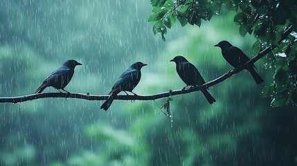 Four birds perch on a branch, serenely enduring the rain.