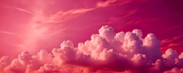 Poster - A vibrant pink sky with fluffy white clouds, creating a serene and dreamy atmosphere