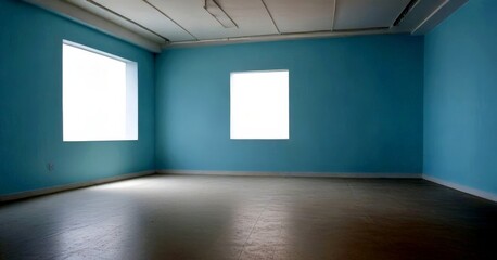 Poster - a spacious, light blue room with two windows on the left wall, a white ceiling, and a white floor