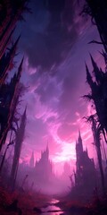 Poster - a fantastical, medieval-style cityscape with towering spires and a dramatic sky, evoking a sense of mystery and wonder