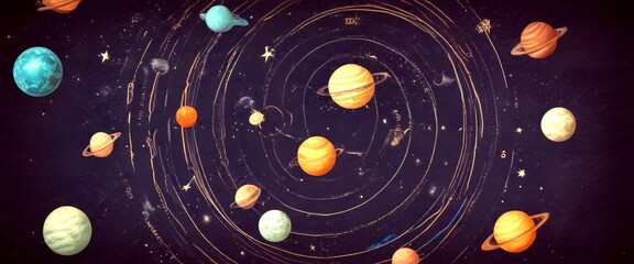 Aufkleber - A digital illustration solar system, featuring a central sun surrounded by planets of various sizes and colors, with stars and a crescent moon in the background