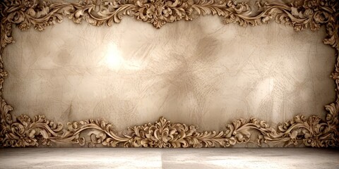 Poster - a large, ornate, and intricately carved stone wall with a central, empty space The wall is adorned with a decorative border featuring a repeating pattern of leaves and
