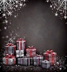 Poster - A collection of dark-colored gift boxes with red ribbons, arranged against a black background with white snowflakes