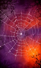Poster - A digital illustration spider web with a gradient background transitioning from purple to orange