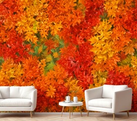 Poster - A vibrant wall mural depicting a dense forest of autumn leaves in shades of orange, yellow, and green, with two white armchairs and a small round table in the foreground