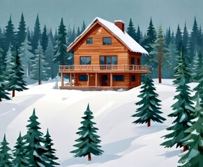 Poster - A wooden cabin nestled in a snowy forest, with a snow-covered roof and a balcony overlooking the surrounding pine trees