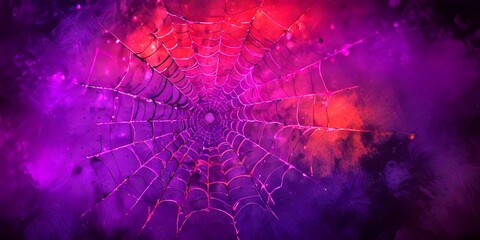 Poster - A close-up view spider web, with its intricate structure and vibrant colors, set against a dark purple and orange background