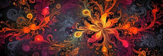 Poster - a vibrant, abstract floral pattern with swirling, organic shapes in shades of orange, red, and black The pattern is set against a dark background, creating a striking